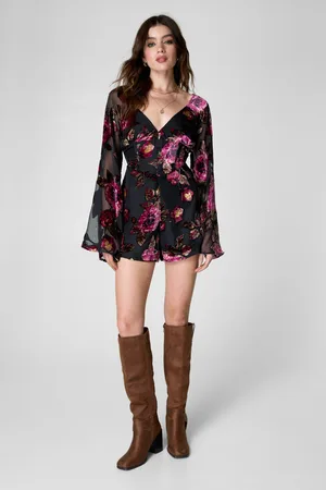 NASTY GAL Womens Floral Devore Corset Flippy Long Sleeve Romper - - Size 6 UK