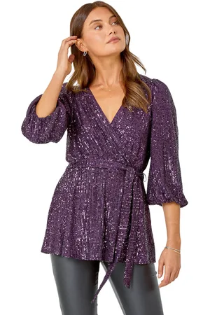 Roman Womens Embellished Sequin Stretch Wrap Top - - Size 10 UK