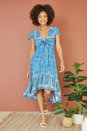Mela Womens Ditsy Print Sun Dress With Cross Over Back Tie Front And Dip Hem viscose - Size 10 UK