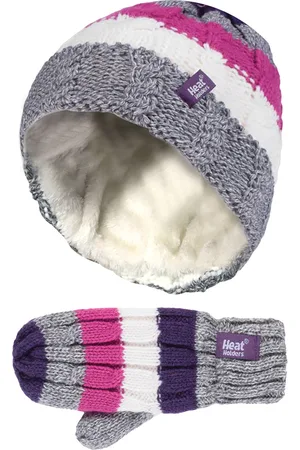 Heat Holders Boys - Kids Girls Fleece Lined Knitted Striped Colourful Winter Thermal Hat and Mittens Set - - Size 4-6Y
