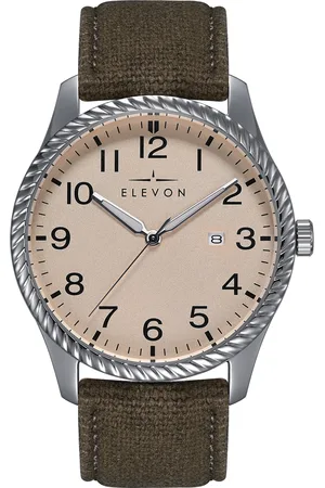 ELEVON Mens Crosswind Canvas-Overlaid Leather-Band Watch w/ Date - Metal - One Size