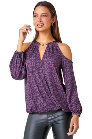Roman Womens Animal Print Cold Shoulder Stretch Top - - Size 18 UK