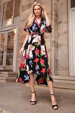 Ax Paris Womens Multi Floral Printed Short Sleeve Belted Wrap Midi Dress - - Size 8 UK