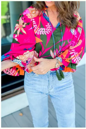 Azura Exchange Womens Blooming Flower Print Ruffled Puff Sleeve Blouse - Size Small