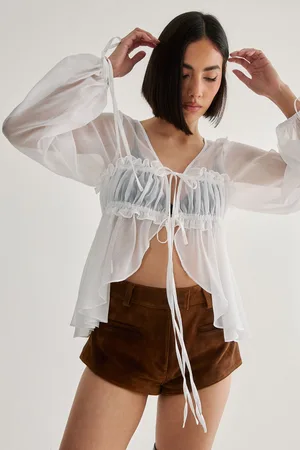 NASTY GAL Womens Chiffon Ruched Tie Front Balloon Sleeve Top - - Size 6 UK