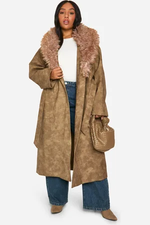 Boohoo Womens Plus Faux Fur Collar Vintage Look Leather Trench Coat - - Size 20 UK