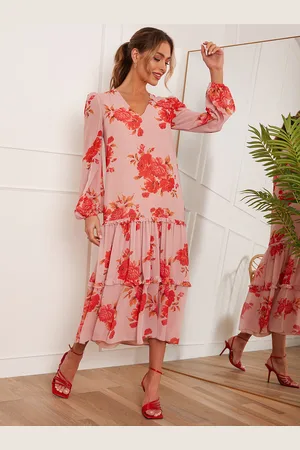Chi Chi London Womens Long Sleeve Floral Printed Midi Dress in - Size 10 UK