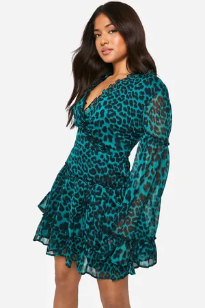 Boohoo Womens Petite Leopard Chiffon Skater Dress - - Size 8 UK