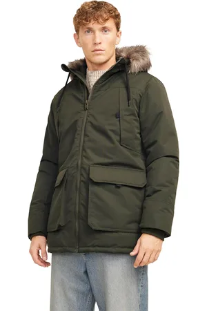 JACK & JONES Mens Parka Jacket Faux Fur Detachable Hood Coat - - Size Medium