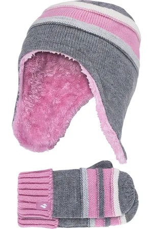 Heat Holders Girls Winter Warm Pom Pom Bobble Beanie Hat and Mittens Set - Pebble - Size 4-6Y