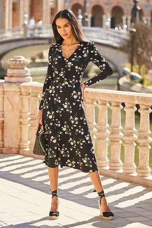 Sosandar Womens Black Print Ruched Front Midi Dress Jersey - Size 10 UK