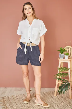 Yumi Womens Striped Italian Linen Shorts With Belt - Size Large