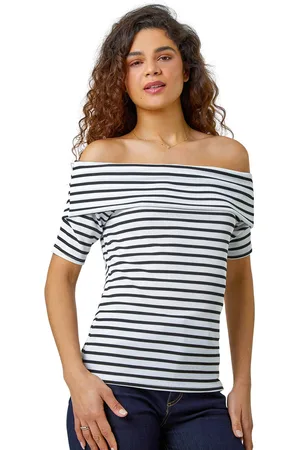 Roman Womens Stripe Ribbed Stretch Bardot Top - - Size 18 UK