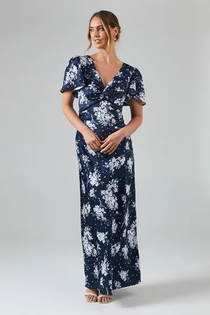 Oasis Womens Midnight Bloom Printed Satin Twist Front Angel Sleeve Maxi Bridesmaids Dress - - Size 8 UK