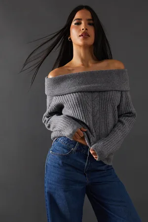 warehouse Womens Cable Front Slouchy Bardot Jumper - - Size Small