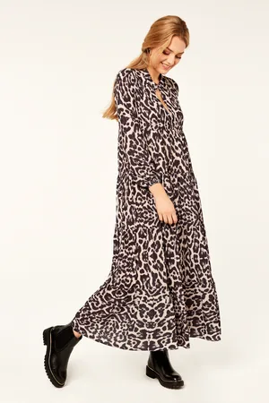 Gini London Womens Animal Print Long Sleeve Tiered Maxi Dress - Size Small/Medium