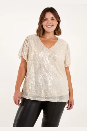 Blue Vanilla Womens Curve Sequin Flutter Sleeve Top - - Size UK 26-28