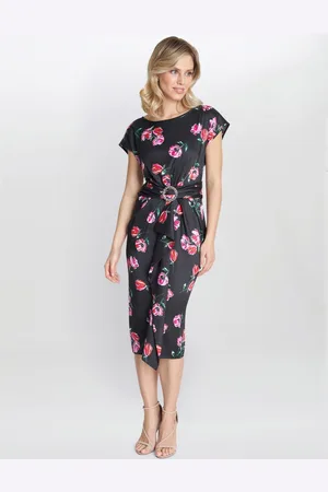 Gina Bacconi Womens Saffron Floral Print Satin Dress With Buckle - - Size 20 UK