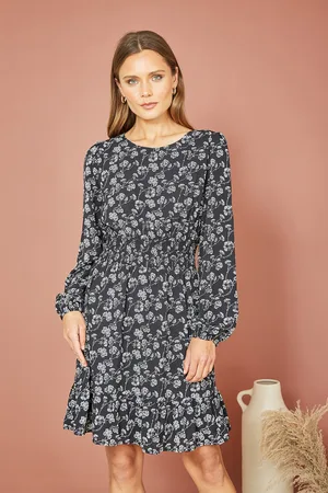 Mela Womens Floral Print Ruched Waist Long Sleeve Skater Dress - Size 10 UK