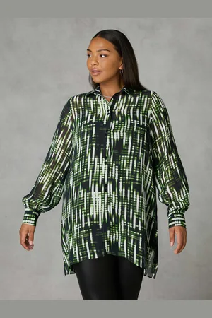 Live Unlimited London Womens Green Blurred Print Button Through Hanky Hem Shirt - - Size 12 UK