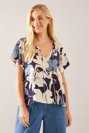 wallis Womens Petite Floral Tie Neck Top Cotton - Size 10 UK