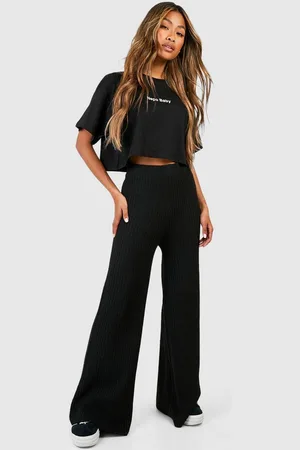 Boohoo Womens Soft Rib Knit Wide Leg Trousers - - Size Large
