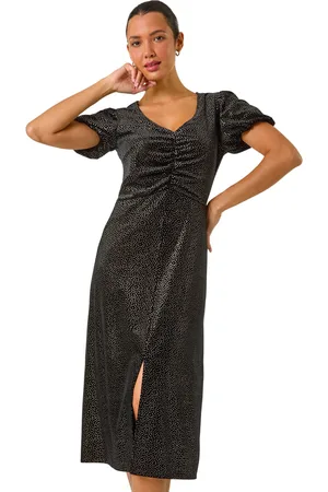 Roman Womens Velvet Ruched Front Stretch Midi Dress - - Size 14 UK