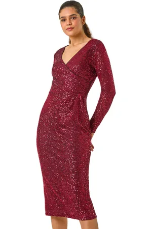 Roman Womens Sequin Front Wrap Midi Stretch Dress - - Size 14 UK