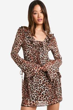 Boohoo Womens Tall Leopard Ruffle Tie Flared Sleeve Micro Mini Dress - - Size 10 UK