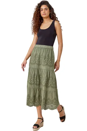 Roman Womens Broderie Tiered Stretch Midi Skirt - Cotton - Size 14 UK