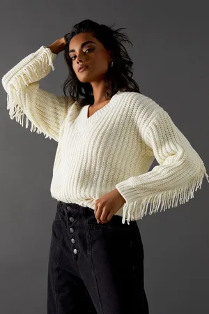 warehouse Womens Fringed Back V Neck Jumper - - Size Large