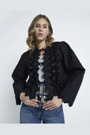 River Island Womens Quilted Jacket Broderie Tie Front - Size Small