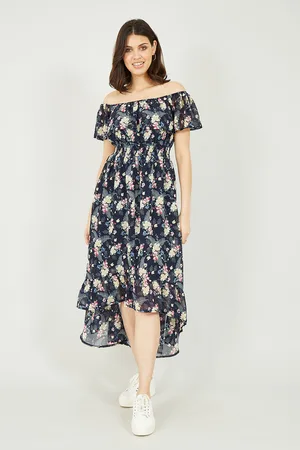 Mela Womens Tropical Printed Dipped Hem Bardot Dress - Size 8 UK