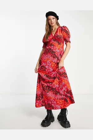 Influence Womens shirred sleeve maxi tea dress with lace trim in mixed floral print- - Size 10 UK