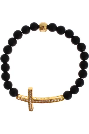 Nialaya WoMens Matte Onyx Stone Gold CZ Cross 925 Silver Bracelet - material_Sterling_Silver - Size Medium