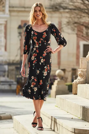 Sosandar Womens Floral Print Sweetheart Neckline Midi Jersey Dress - Size 14 UK