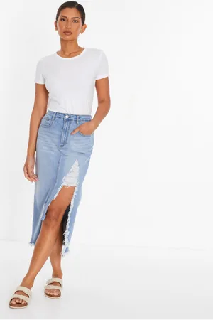 Quiz Womens Denim Extreme Rip Midi Skirt Cotton - Size 6 UK