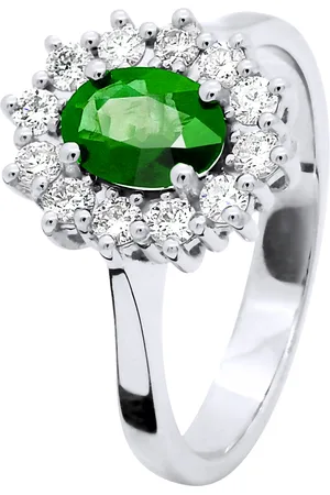 Diadema Womens - Ring - Emerald surrounded by Diamonds - White Gold - - Size N