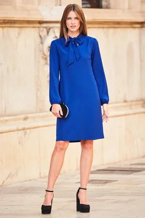 Sosandar Womens Cobalt Neck Tie Long Sleeve Shift Dress - Size 10 UK