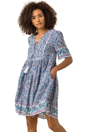 Roman Womens Floral Border Print Tea Dress - - Size 18 UK