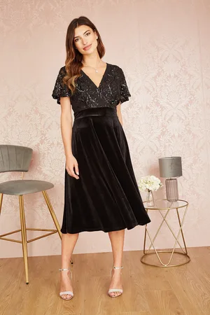 Yumi Womens Embellished Velvet Wrap Skater Midi Dress - Size 10 UK