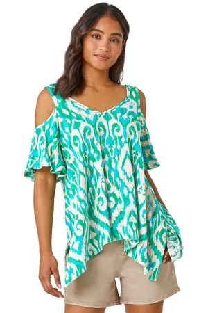 Roman Womens Aztec Hanky Hem Cold Shoulder Top - Viscose - Size 10 UK