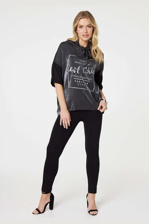Izabel London Womens Metallic Logo Print Hooded Top - Size 8 UK