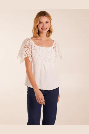 Blue Vanilla Womens Crochet Lace Milkmaid Puff Ball Top - - Size Small
