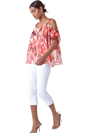 Roman Womens Abstract Print Cold Shoulder Overlay Top - - Size 10 UK