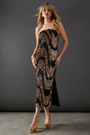 warehouse Womens Wave Sequin Bandeau Split Side Midi Dress - - Size 10 UK