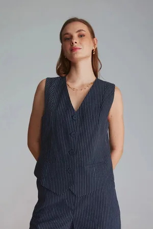 Gusto Womens Striped Linen Waistcoat - - Size Small