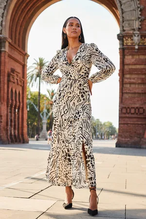 Sosandar Womens Natural Animal Print Wrap Front Maxi Dress - - Size 6 UK