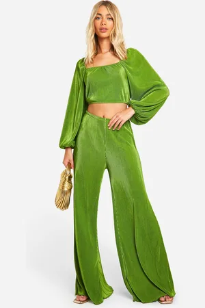 Boohoo Womens Plisse Volume Sleeve Crop & Wide Leg Trousers - - Size 6 UK