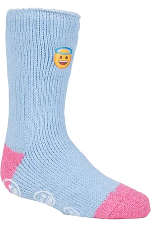 Heat Holders Girls - Childrens Character Non Slip 2.3 TOG Winter Warm Thermal Slipper Socks with Grippers - Emoji Angel Face - - Size UK 12.5-3 Child